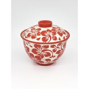 Vietnamese Hand Carved Ceramic Lidded Bowl with Red Floral Pattern